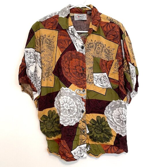 VINTAGE VTG KOALA Burgundy Multi Geometric Patchwork Short Sleeve Button Down L - Picture 1 of 12